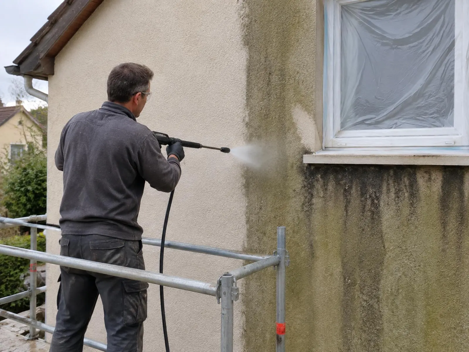 Ouvrier qui lave au jet une façade claire couverte de traces vertes, depuis un échafaudage