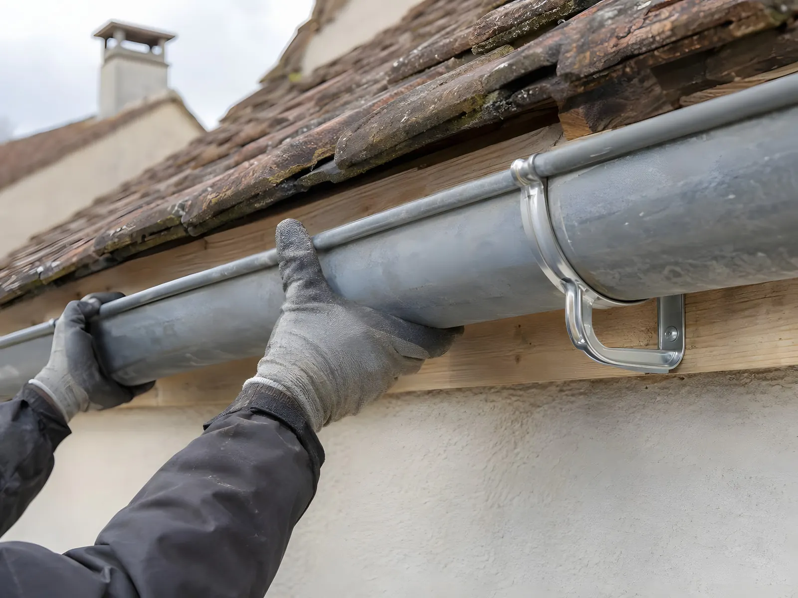 Mains gantées qui fixent une gouttière grise demi-ronde sous le bord d'un toit de tuiles