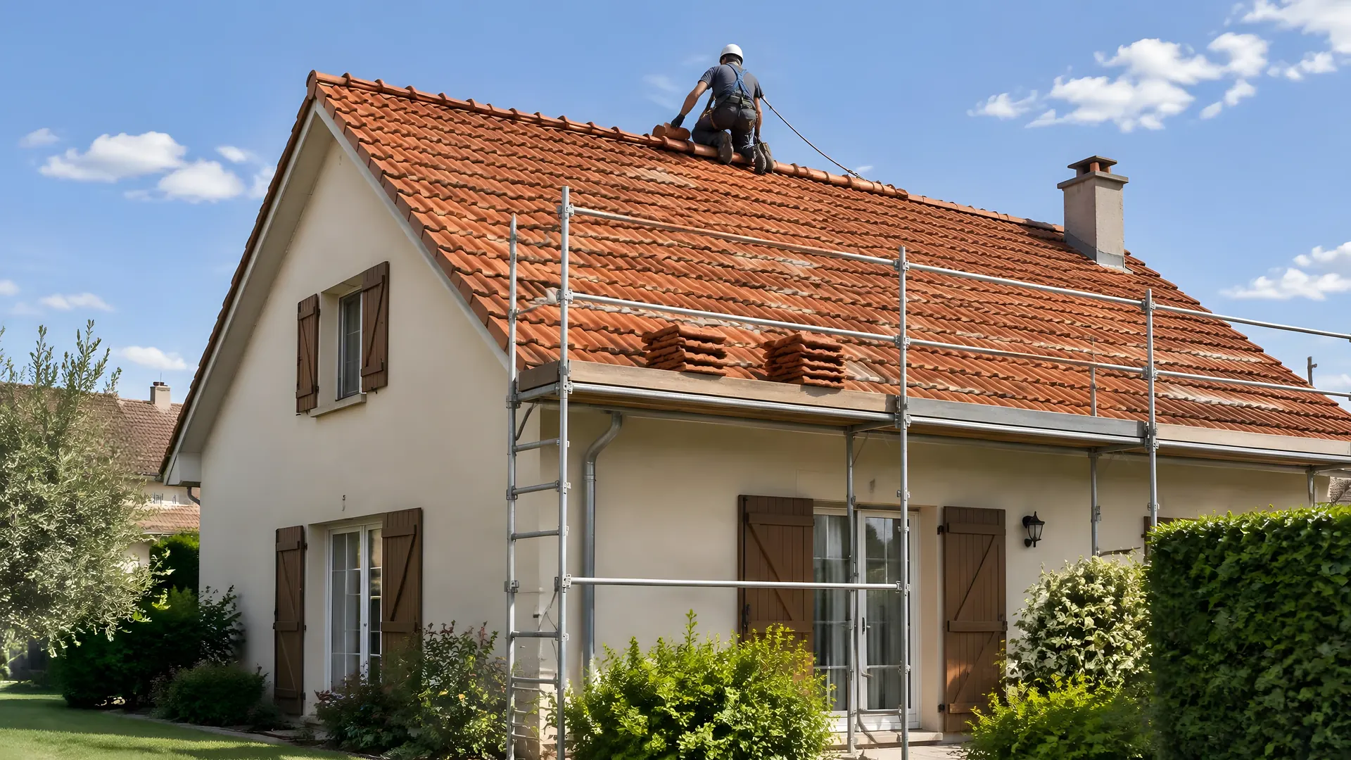 Couvreur sur le toit de tuiles orangées d'une maison claire aux volets bruns, échafaudage le long de la façade