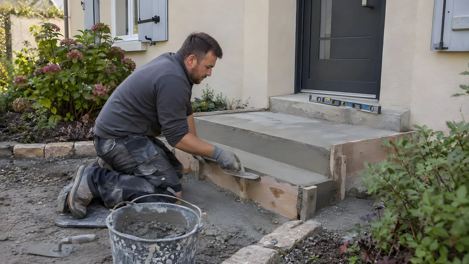 Maçon agenouillé qui lisse le béton frais d'une marche d'entrée devant une porte