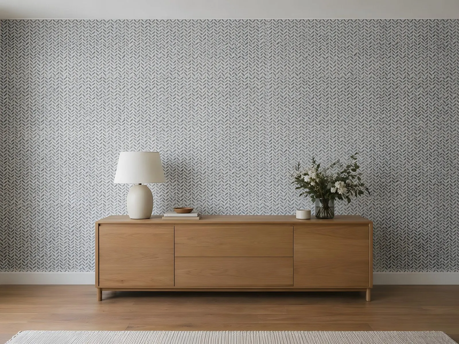 Mur tapissé d'un papier peint gris à motifs, un buffet en bois clair posé devant