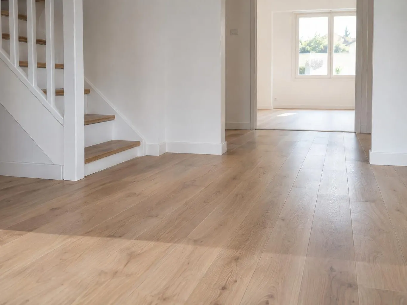 Pièce claire au sol de parquet en bois blond, un escalier blanc à gauche, une fenêtre au fond