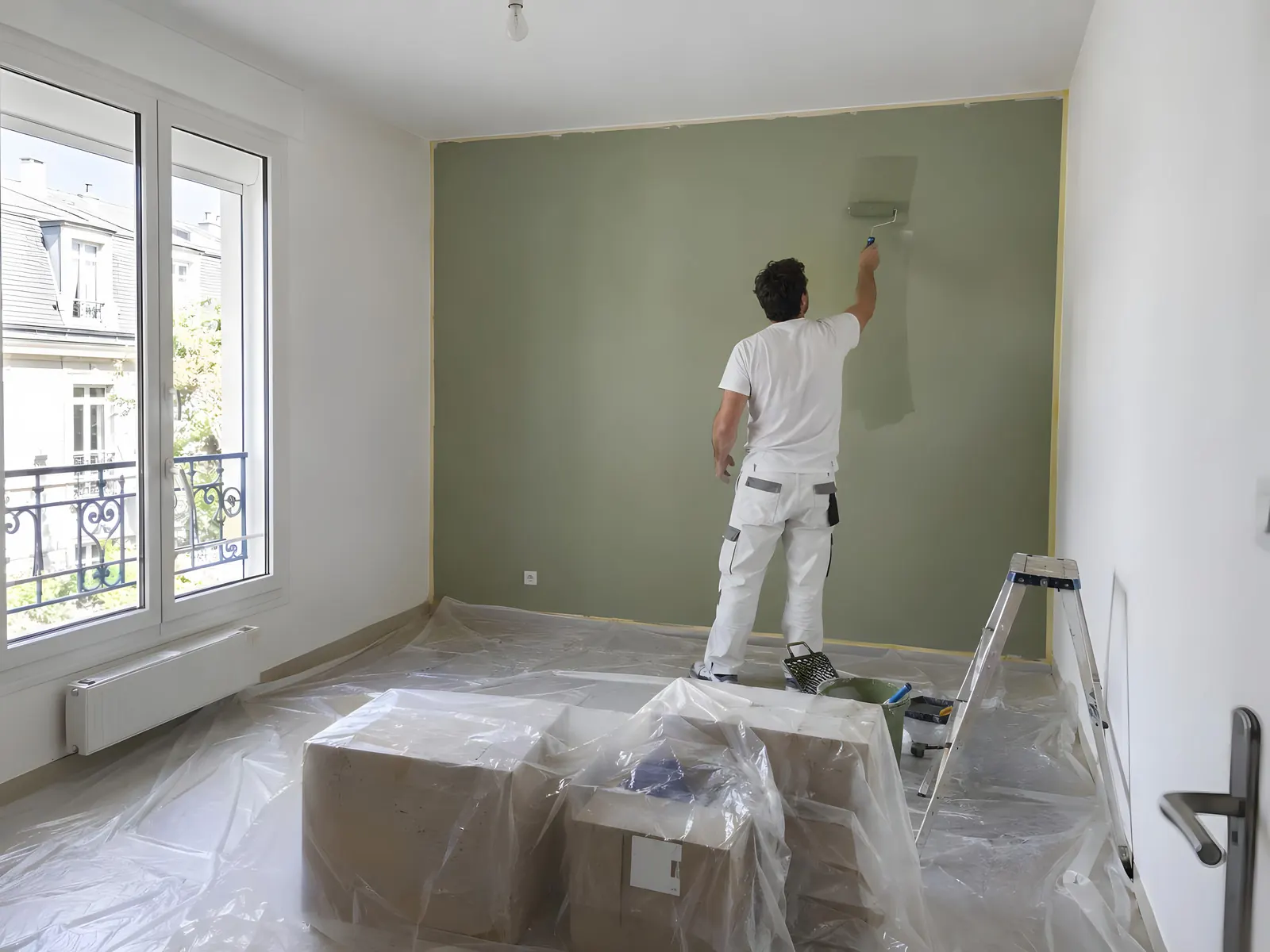 Peintre en tenue blanche qui passe au rouleau une couleur vert sauge sur le mur d'une pièce protégée de bâches